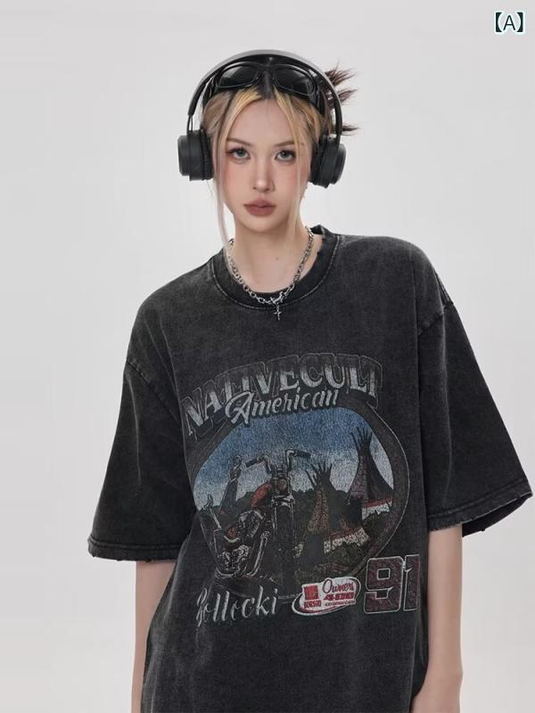 Tシャツ メンズ ウォッシュ加工 ヘビーウェイト コットン 半袖 アメリカンレトロ ストリート ファッション デザイン クルーネック 春夏 カジュアル 普段使い ビッグシルエット 黒 茶色