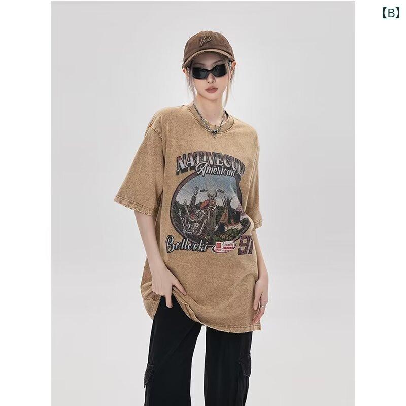 Tシャツ メンズ ウォッシュ加工 ヘビーウェイト コットン 半袖 アメリカンレトロ ストリート ファッション デザイン クルーネック 春夏 カジュアル 普段使い ビッグシルエット 黒 茶色