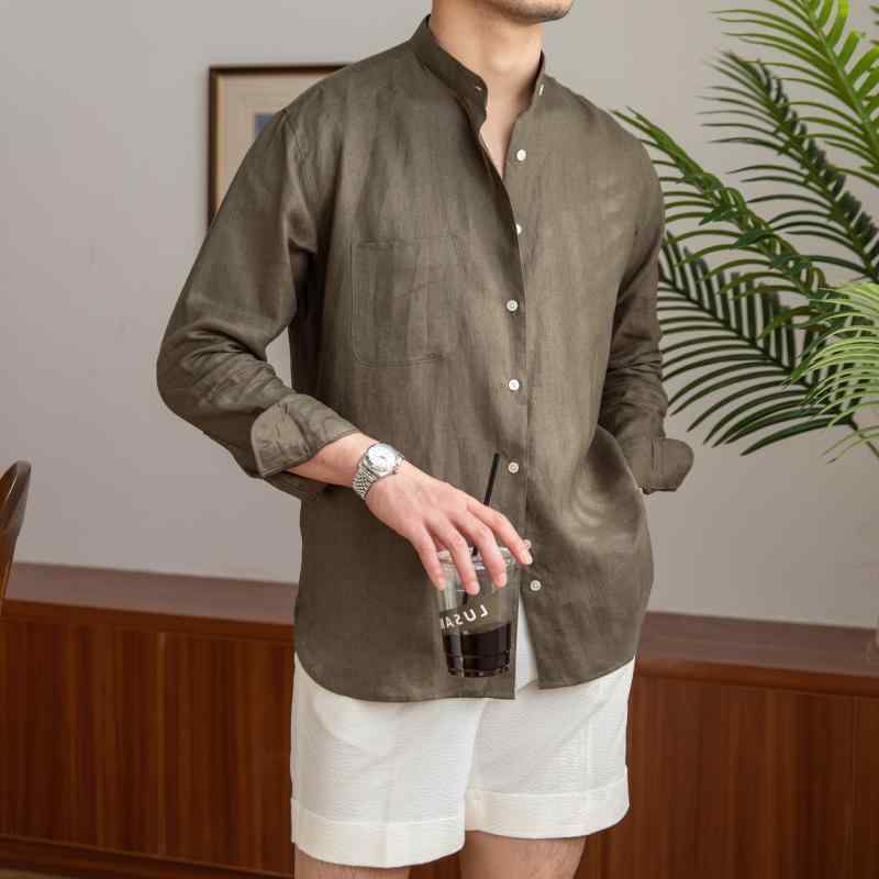 シャツ メンズ 長袖 スタンドカラー 薄手 通気性 ゆったり カジュアル 通勤 オフィス リゾート 休日 着回し 大人カジュアル 春夏秋 男性向け ポリエステル ブラウン ホワイト