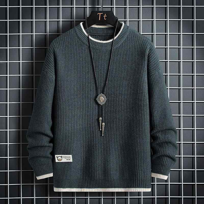 ニット メンズ 秋冬 厚手 クルーネック セーター プルオーバー トップス 長袖 シンプル カジュアル 暖かい 保温性 ポリエステル 再生繊維 ストレートシルエット 切り替え 普段使い