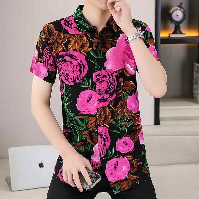 シャツ メンズ 半袖 五分袖 薄手 接触冷感 通気性 カジュアル 韓国風 小花柄 スリムフィット 春夏 普段使い トップス