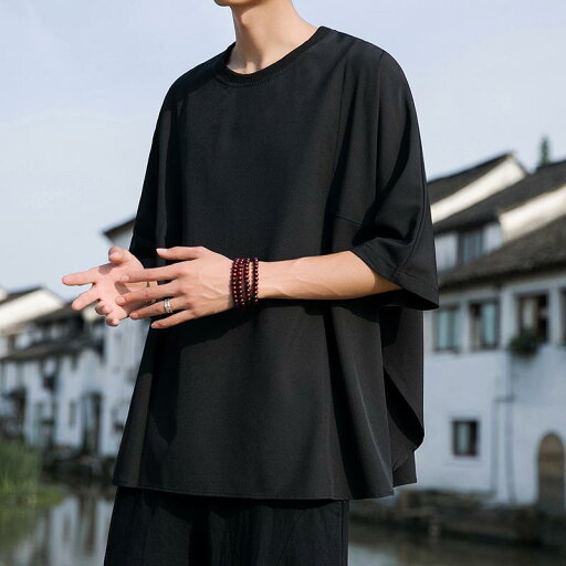 Tシャツ メンズ 中国風 接触冷感 半袖 クルーネック ゆったり オーバーサイズ サイドスリット 薄手 ダーク系 個性的デザイン カジュアル 夏 黒 Tシャツ メンズ 中国風 接触冷感 半袖 クルーネック ゆったり オーバーサイズ サイドスリット 薄手 ダーク系 個性的デザイン カジュアル 夏 黒