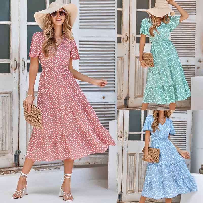 ワンピース レディース カジュアル 春夏 Vネック フリル袖 半袖 ミディ丈 花柄 プリント Aライン ポリエステル フェミニン