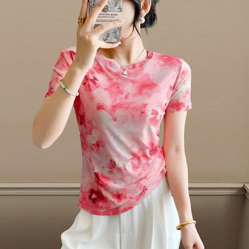 Tシャツ レディース 春夏 メッシュ シアー 透け感 花柄プリント ボタニカル柄 クルーネック 半袖 スリムフィット 細見え 伸縮性 オフィス カジュアル きれいめ トップス Tシャツ レディース 春夏 メッシュ シアー 透け感 花柄プリント ボタニカル柄 クルーネック 半袖 スリムフィット 細見え 伸縮性 オフィス カジュアル きれいめ トップス