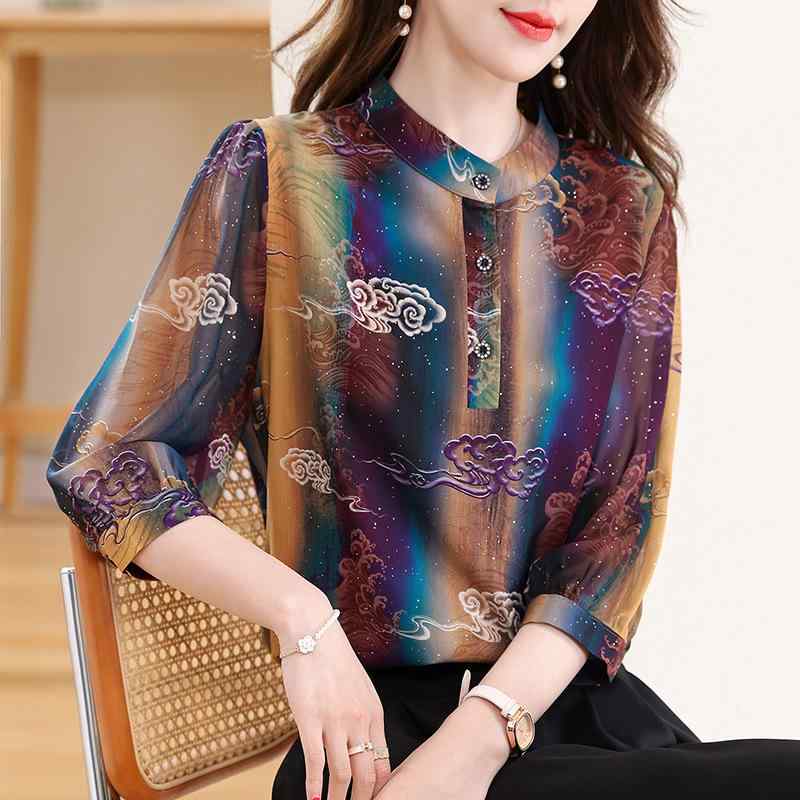 シャツ ブラウス レディース 雲柄 プリント セミハイネック 七分袖 プルオーバー ゆったり ルーズフィット アクリル トリアセテート スパンデックス マカロンカラー 通勤 オフィス 春夏