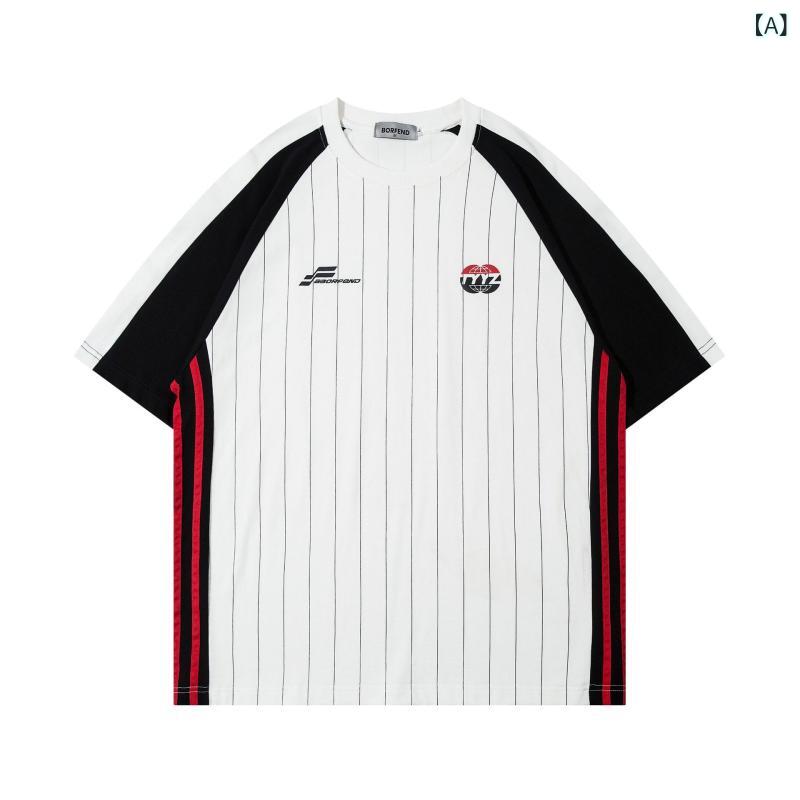 Tシャツ メンズ 男性用 ストライプ 半袖 ルーズフィット ビッグシルエット コットン100% クルーネック 切り替え ストリートカジュアル 野球シャツ風 夏 吸湿速乾 通気性 厚手 普段使い