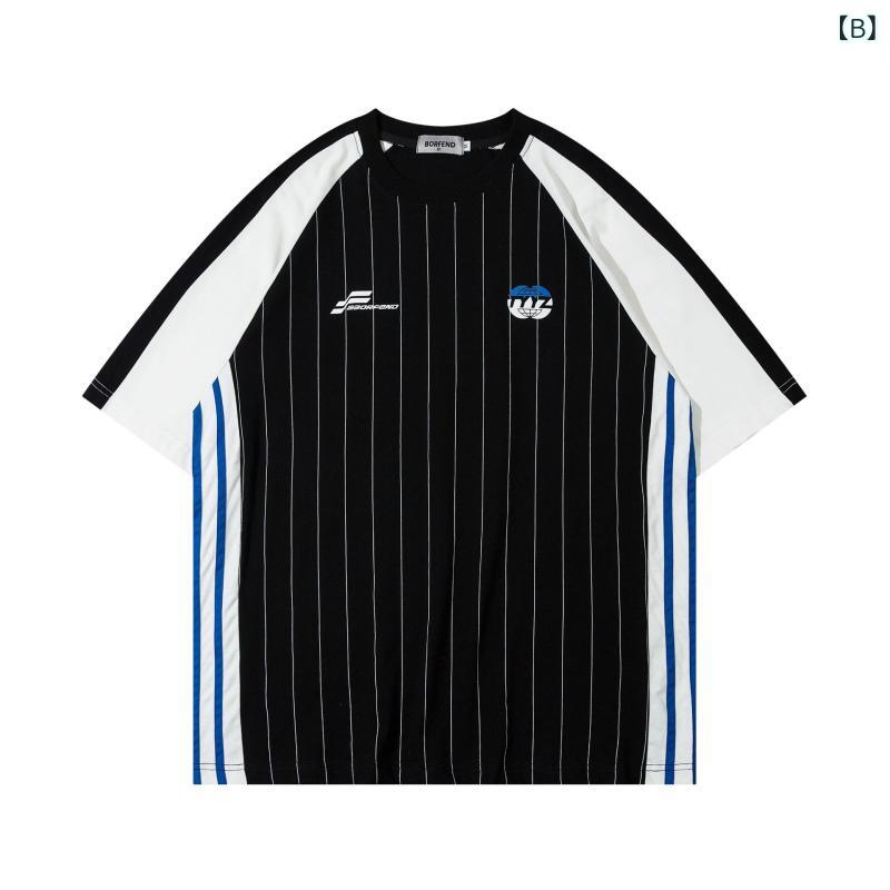 Tシャツ メンズ 男性用 ストライプ 半袖 ルーズフィット ビッグシルエット コットン100% クルーネック 切り替え ストリートカジュアル 野球シャツ風 夏 吸湿速乾 通気性 厚手 普段使い