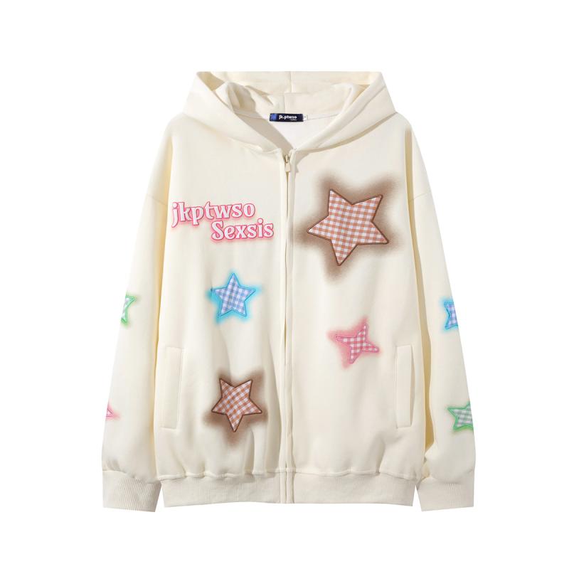 パーカー メンズ 前開き スウェット アメカジ レトロ 星柄 アップリケ 刺繡 厚手 ゆったり ビッグシルエット カップル ユニセックス 綿素材 カジュアル 秋冬 アプリコット 黒