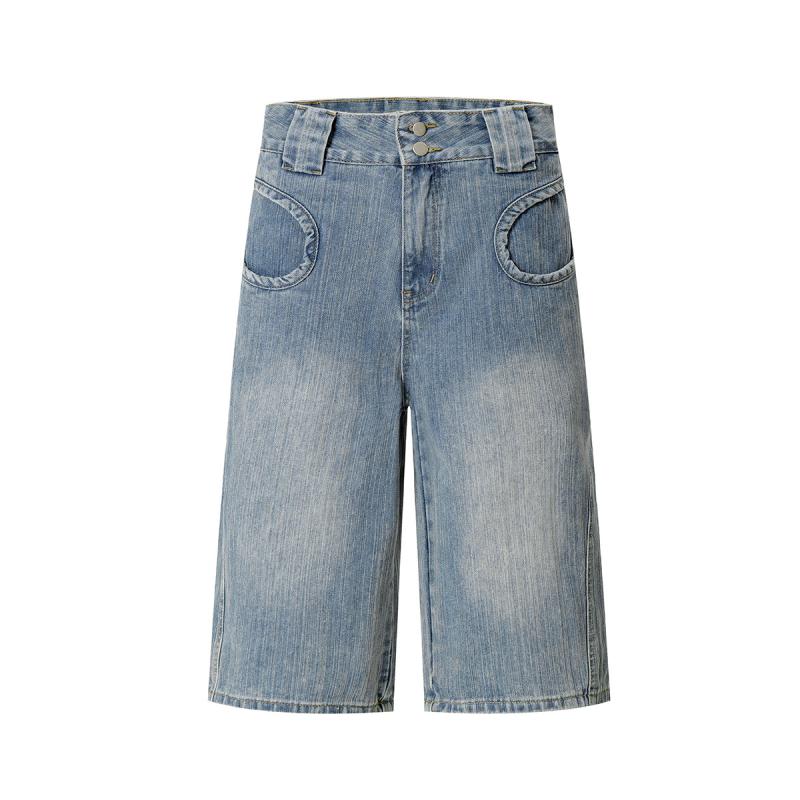 ハーフパンツ メンズ 春夏 アメカジ ストリート ヴィンテージ カジュアル ウォッシュ加工 デニム 綿100% ワイドシルエット ルーズフィット デザインポケット ブルー