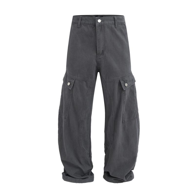 パンツ メンズ 秋冬 綿 厚手 機能性 カーブシルエット カーゴパンツ ルーズフィット ワイド ビッグポケット ストリート カジュアル ロングパンツ グレー
