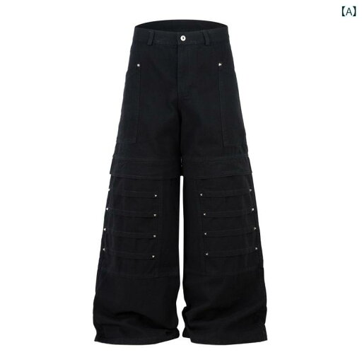 デニムパンツ メンズ アメリカンストリート メカデザイン 重厚感 プリーツ リベットスタッズ ルーズワイドシルエット 切り替え カジュアル ブラック