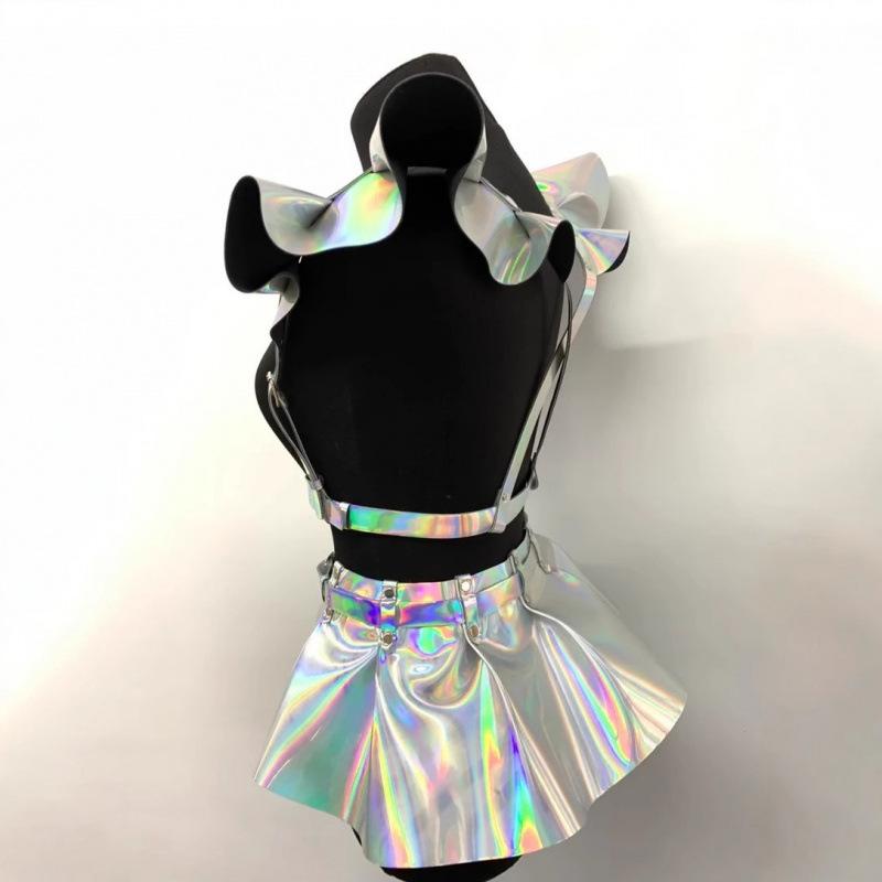 ハーネスベルト レディース パンク ナイトクラブ 香港スタイル 個性派 Wショルダー レース PU装飾 ウエストマーク ゴールドカラー シルバーカラー