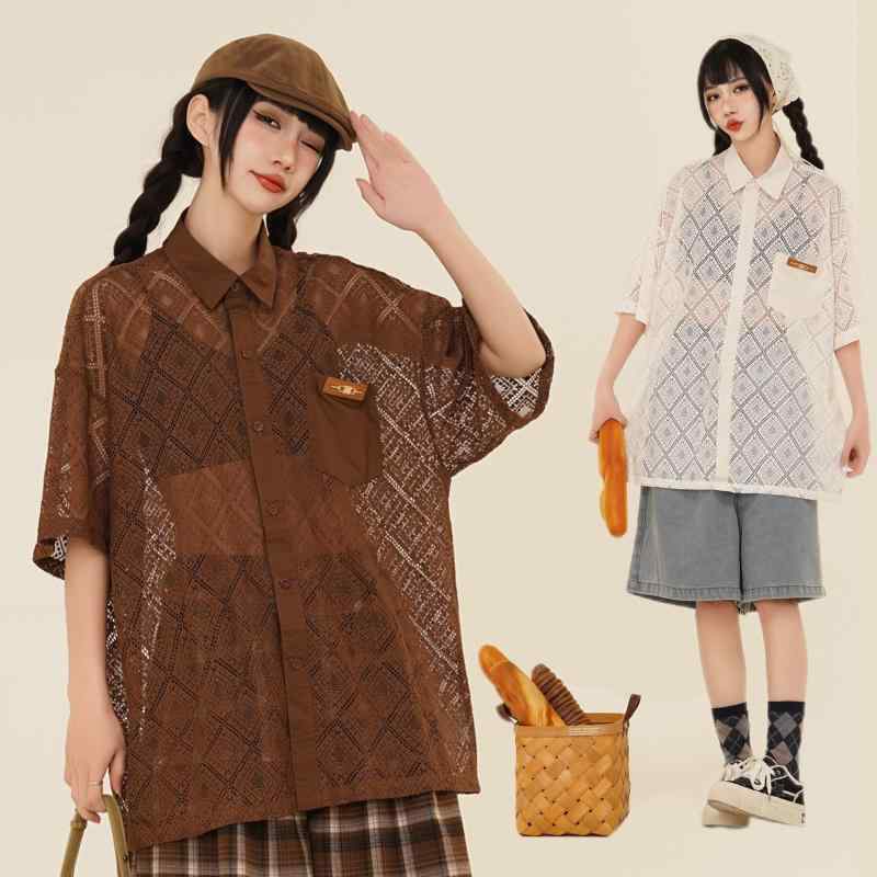 シャツ メンズ 日系 レトロ ヴィンテージ 透かし編み ひし形格子 アーガイル柄 男女兼用 カップル 個性的 半袖 通気性 吸湿速乾 ポリエステル ゆったり オーバーサイズ 普段使い カジュアル 春夏 ベージュ ブラウン系