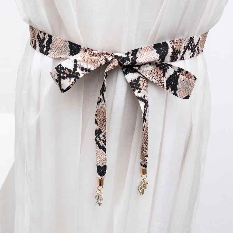 ベルト レディース 女性用 蛇柄 布製リボンベルト ウエストマーク ワンピース シャツ ブラウス 韓国風 フェミニン 万能 大人かわいい おしゃれ カーキ グレー(x2)