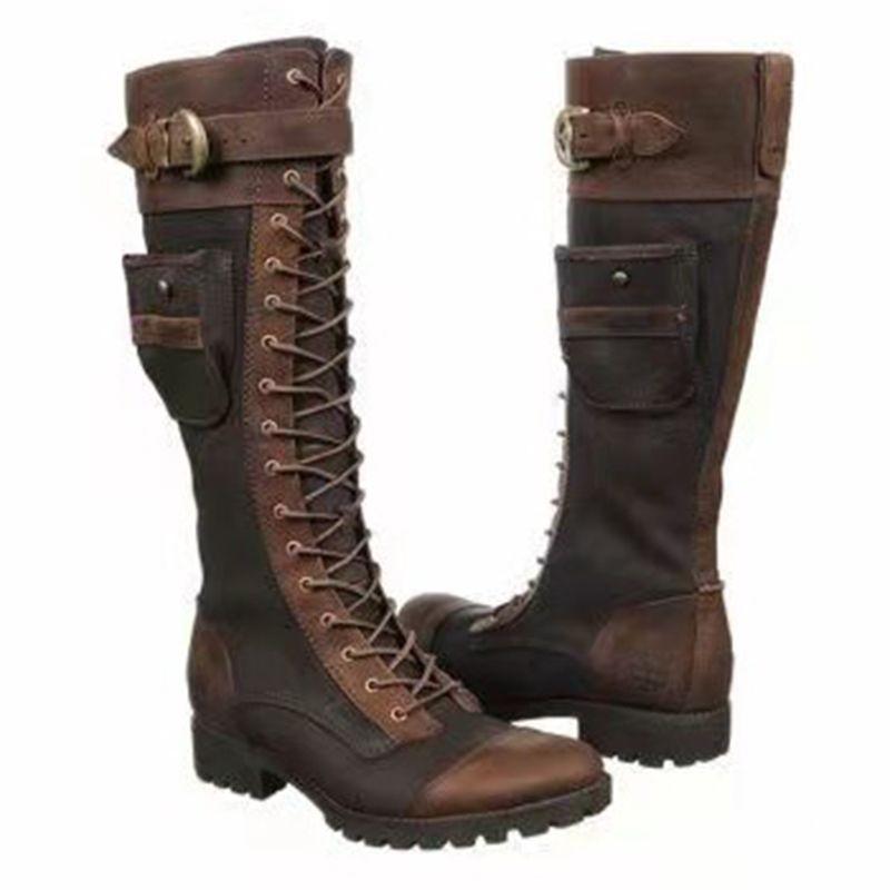 ブーツ レディース 女性用 ライディングブーツ 秋冬 ロングブーツ ラウンドトゥ ローヒール PUレザー 合成皮革 保温 あったか スタッズ ブラウン ブラック