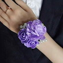 リストブーケ ウェディング 花嫁 造花 パール ゴールドリーフ 伸縮性ブレスレット ブライダルアクセサリー 披露宴 パーティー ラベンダー(x2)