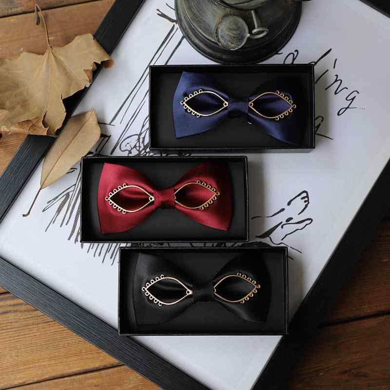 蝶ネクタイ メンズ 男性用 ボウタイ 結婚式 新郎 フォーマル ウェディングパーティー レトロ 中国風 韓国風 無地 金属製 ポリエステル ブラック ワインレッド ネイビー(x2)