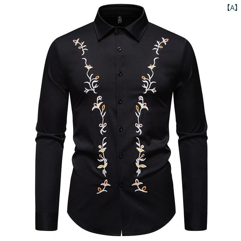 シャツ メンズ 花柄 刺繡 長袖 開襟シャツ カジュアル ビッグサイズ ゆったり おしゃれ ポリエステル 普段使い デイリーユース
