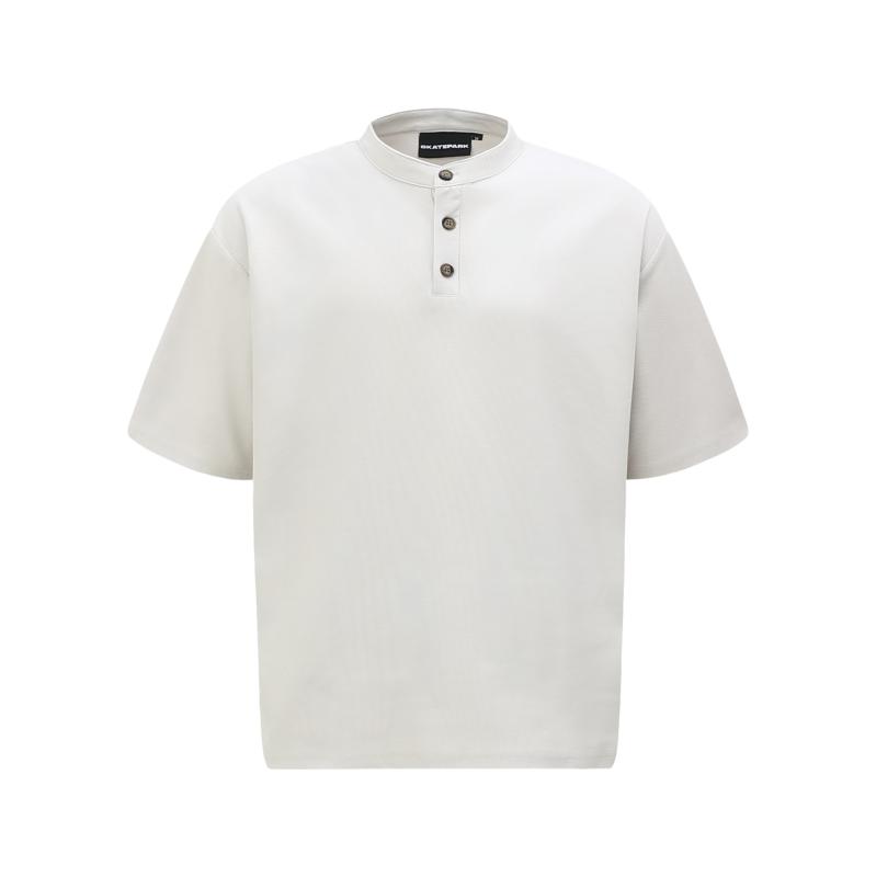 Tシャツ メンズ 韓国系 個性的 ゆったり ルーズフィット 綿混 コットン ボタン スタンドカラー 半袖 ドロップショルダー ハーフオープンカラー 切り替え 通気性 吸湿速乾 普段使い アメカジ 夏