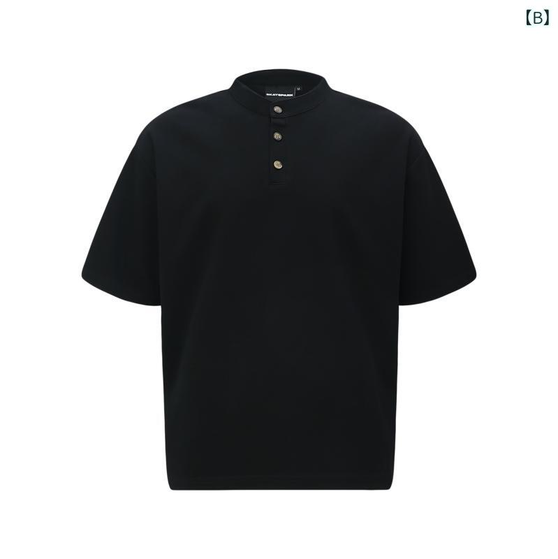 Tシャツ メンズ 韓国系 個性的 ゆったり ルーズフィット 綿混 コットン ボタン スタンドカラー 半袖 ドロップショルダー ハーフオープンカラー 切り替え 通気性 吸湿速乾 普段使い アメカジ 夏