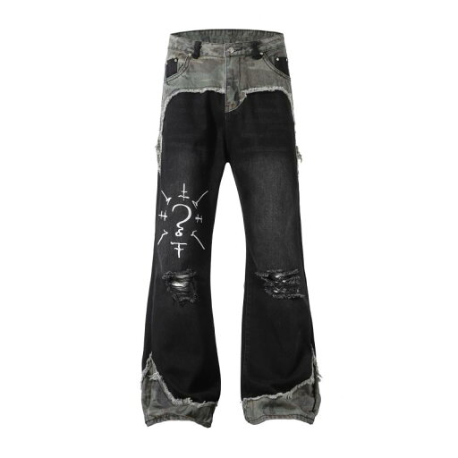 デニムパンツ メンズ ハイストリート アメカジ ブーツカット フレア カモフラージュ 切り替え フリンジ ダメージ加工 ウォッシュ加工 バイブ系 綿 コットン ブラック カジュアル ストリートファッション デニムパンツ メンズ ハイストリート アメカジ ブーツカット フレア カモフラージュ 切り替え フリンジ ダメージ加工 ウォッシュ加工 バイブ系 綿 コットン ブラック カジュアル ストリートファッション