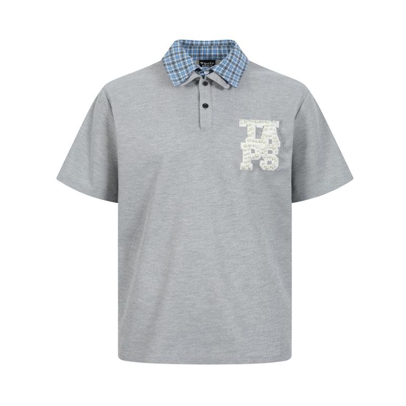 ポロシャツ メンズ 男性 夏物 アメリカンレトロ ダブルカラー 刺繍 ラインストーン 半袖 ルーズフィッ..