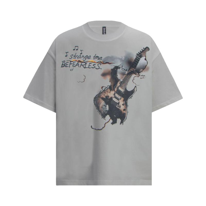 Tシャツ メンズ アメリカンレトロ ルーズフィット ウォッシュ加工 ロックプリント クルーネック 半袖 コットン 通気性 吸湿速乾 デイリーユース 夏物 ホワイト ブラック