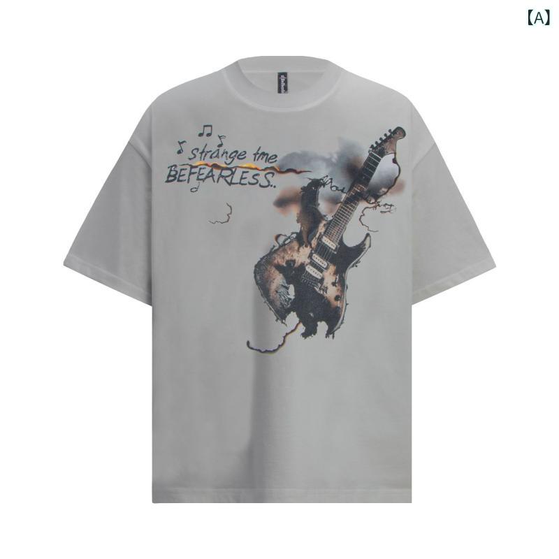 Tシャツ メンズ アメリカンレトロ ルーズフィット ウォッシュ加工 ロックプリント クルーネック 半袖 コットン 通気性 吸湿速乾 デイリーユース 夏物 ホワイト ブラック