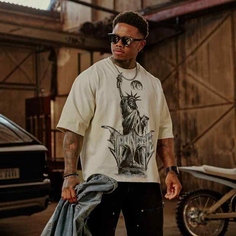 Tシャツ メンズ アメリカンレトロ アメカジ ストリート ヒップホップ オーバーサイズ ビッグシルエット ゆったり 半袖 クルーネック コーマ綿 コットン 通気性 吸湿速乾 キャラクタープリント スポーツ フィットネス カジュアル 春夏