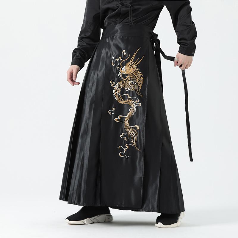 袴パンツ ユニセックス 馬面デザイン 漢服風 新中華風 国風 龍紋刺繍 ワイドシルエット ゆったり ボトムス スカンツ 普段使い カジュアル ポリエステル ブラック 春夏 大人向け
