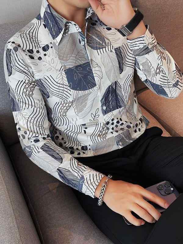 シャツ メンズ 男性用 長袖 韓国風 スリムフィット 配色切り替え プリント カジュアル 普段使い 綿混 ポリエステル 免アイロン 吸湿速乾 春秋 ホワイト ブラック グリーン