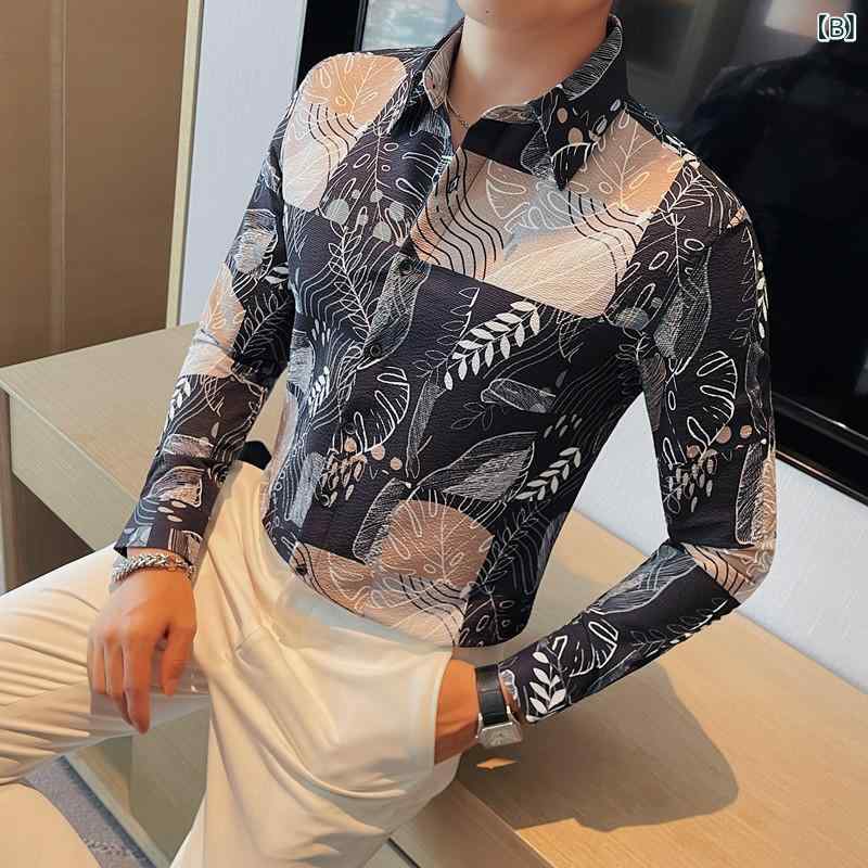 シャツ メンズ 男性用 長袖 韓国風 スリムフィット 配色切り替え プリント カジュアル 普段使い 綿混 ポリエステル 免アイロン 吸湿速乾 春秋 ホワイト ブラック グリーン