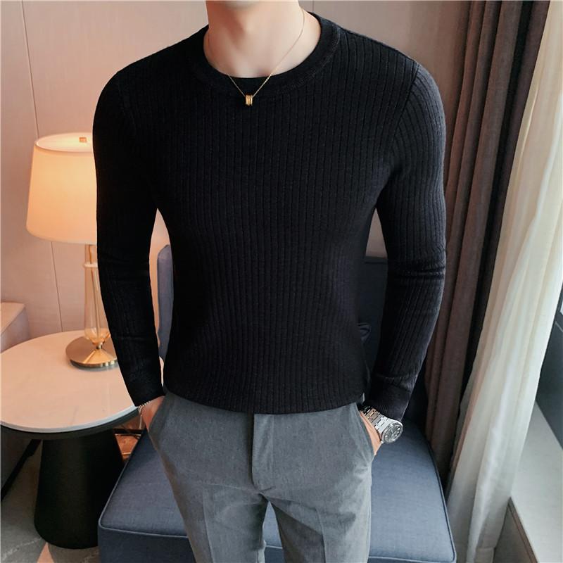 ニット メンズ 男性用 リブ編み クルーネック 長袖 プルオーバー スリムフィット 細身 ケーブル編み 化学繊維混紡 レーヨン混紡 ストレッチ 伸縮性 高弾性 インナー トップス カジュアルスタイル 普段使い 春秋