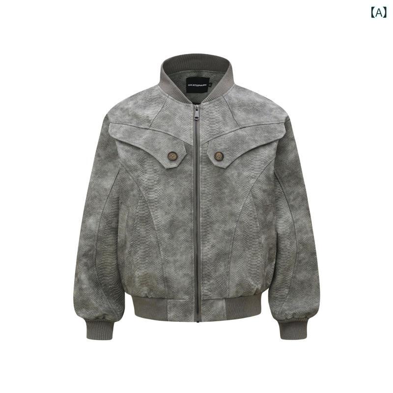 ジャケット メンズ 男性用 パイソン柄 PUレザー ライダースジャケット アメリカンヴィンテージ レトロ ストリート系 高級感 防風 耐久性 スタンドカラー ルーズフィット 長袖 アウター 春秋 グレー ブラック