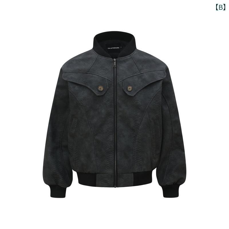 ジャケット メンズ 男性用 パイソン柄 PUレザー ライダースジャケット アメリカンヴィンテージ レトロ ストリート系 高級感 防風 耐久性 スタンドカラー ルーズフィット 長袖 アウター 春秋 グレー ブラック