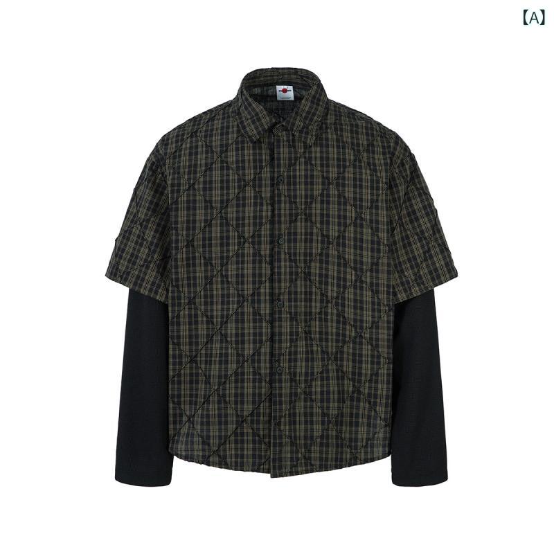 シャツ メンズ チェック柄 フェイクレイヤード ゆったり ビッグシルエット トップス アメリカンレトロ コットン 通気性 吸湿速乾 春秋 カジュアル 普段使い ブラウン