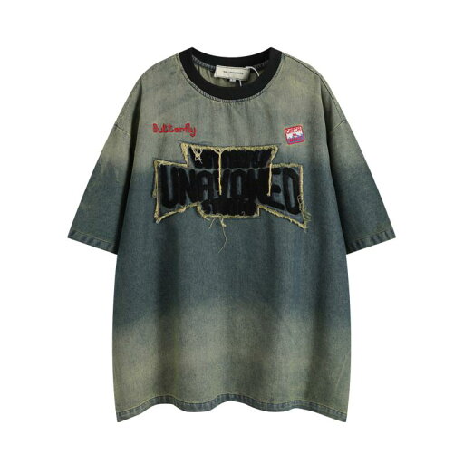 Tシャツ メンズ アメリカンカジュアル レトロ ストリート タイダイ染め ウォッシュ加工 デニム 半袖 アップリケ 刺繍 クルーネック ビッグシルエット コットン100% 夏 ブルー 吸湿速乾 Tシャツ メンズ アメリカンカジュアル レトロ ストリート タイダイ染め ウォッシュ加工 デニム 半袖 アップリケ 刺繍 クルーネック ビッグシルエット コットン100% 夏 ブルー 吸湿速乾