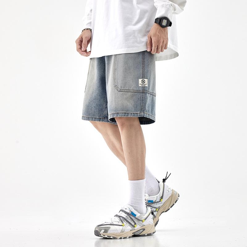 デニム メンズ 五分丈ショートパンツ ルーズフィット ストレート アメカジ ストリート ワークテイスト 個性派デザイン ポケット付き 大きいサイズ 綿 コットン 薄手 春夏 ブルー 普段使い(4)