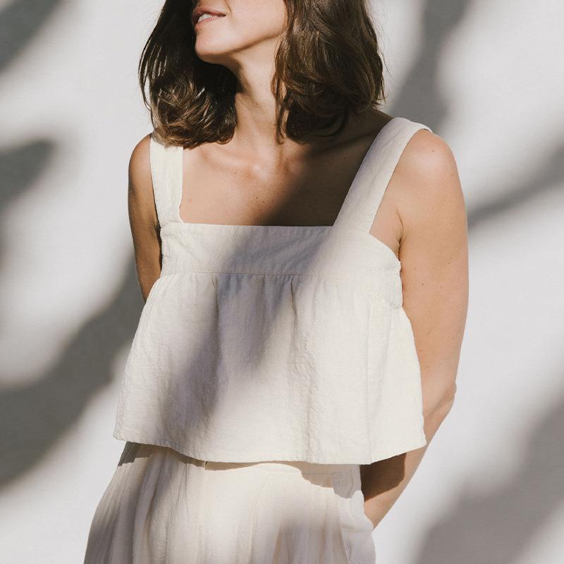 キャミソール レディース 綿麻 ゆったり 無地 ショート丈 スクエアネック ストラップ バックオープン 韓国風 カジュアル 個性的なデザイン トップス 白 ベージュ ピンク系 春夏