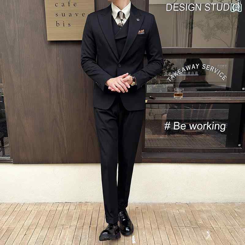 スーツ メンズ セットアップ ワンボタン シングルブレスト スリムフィット ビジネス フォーマル 礼服 結婚式 3ピース 通年 無地 ポリエステル混紡 シワになりにくい