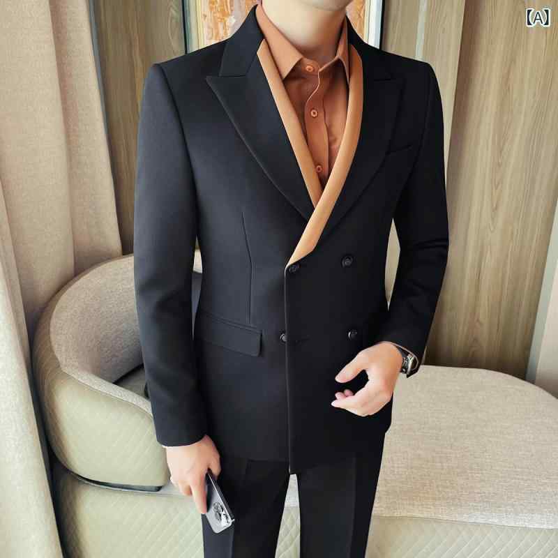 スーツ メンズ ダブルブレスト スリムフィット セットアップ ジャケット 切り替えデザイン おしゃれ カジュアルスタイル ポリエステル混紡 ノッチドラペル 2つボタン シワになりにくい 春夏
