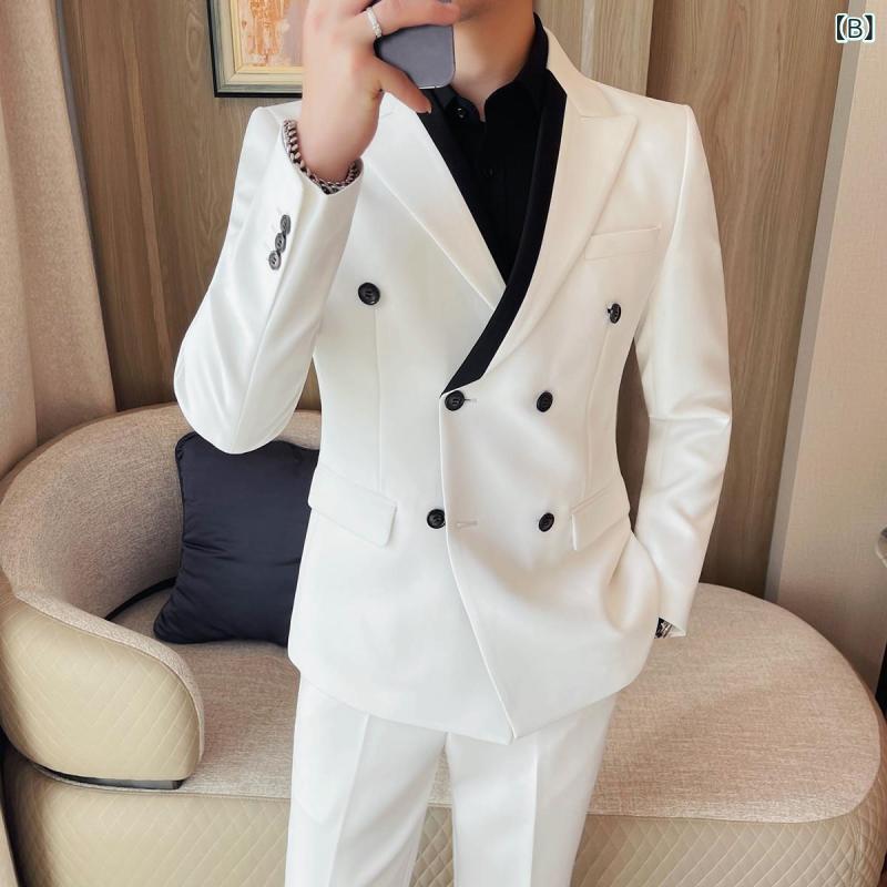 スーツ メンズ ダブルブレスト スリムフィット セットアップ ジャケット 切り替えデザイン おしゃれ カジュアルスタイル ポリエステル混紡 ノッチドラペル 2つボタン シワになりにくい 春夏