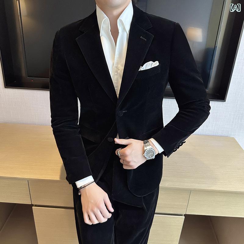 スーツ メンズ ベロア セットアップ 2点セット スリムフィット 高級感 新郎用 フォーマル 礼服 シングルブレスト 2ボタン 防シワ 無地 春秋 結婚式 宴会 パーティー ビジネス