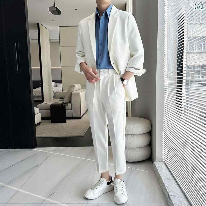 スーツ セットアップ メンズ 男性用 春夏 薄手 軽量 7分袖 ゆったり リラックスフィット カジュアル 刺繍 ジャケット アウター テーラードカラー シングルボタン ポリエステル 普段使い イージーケア