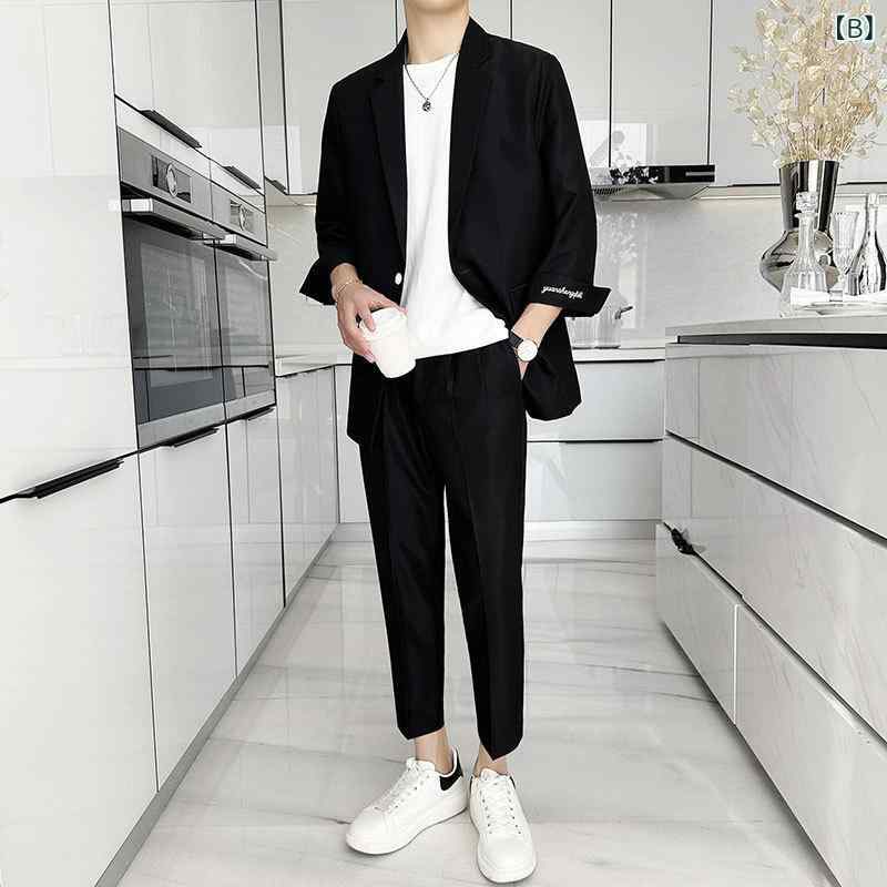 スーツ セットアップ メンズ 男性用 春夏 薄手 軽量 7分袖 ゆったり リラックスフィット カジュアル 刺繍 ジャケット アウター テーラードカラー シングルボタン ポリエステル 普段使い イージーケア