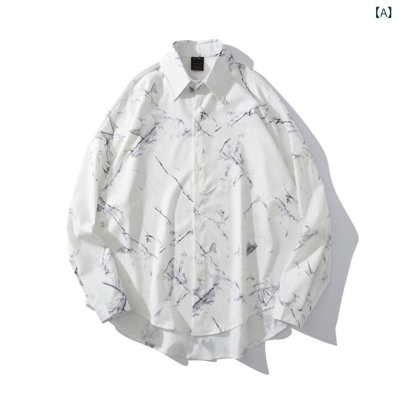 シャツ メンズ トップス 男性用 長袖 ロングスリーブ 韓国風 カジュアル トレンド ファッション バイカラー ネクタイ付き デザイン性 ゆったり ルーズフィット 薄手 ポリエステル 春秋 ホワイト