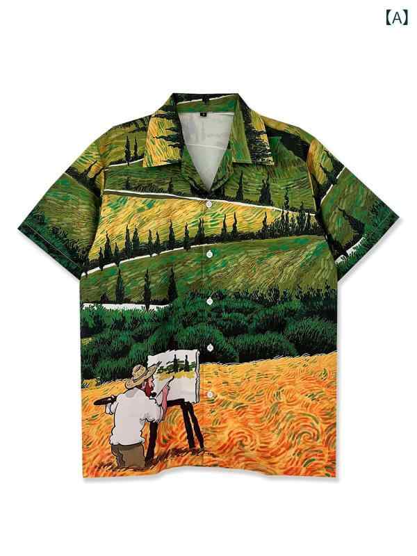 シャツ ユニセックス メンズ レディース ハワイアン 半袖 オーバーサイズ ルーズフィット 花柄 総柄 風景柄 ポリエステル 薄手 シワになりにくい イージーケア 開襟 春夏 カジュアル リゾート ビーチ