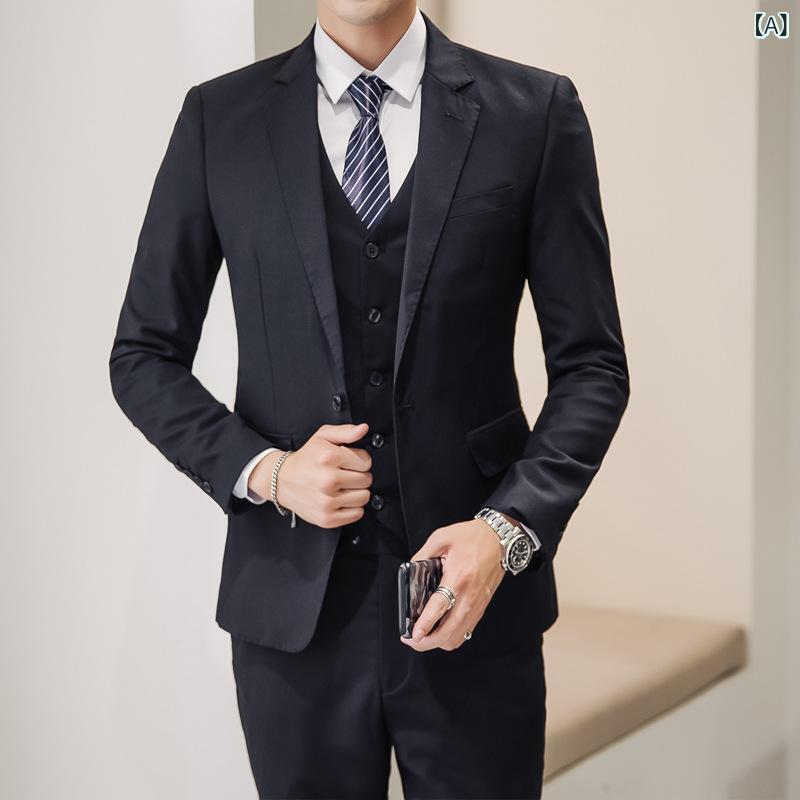 スーツ メンズ 男性用 スリーピース 3点セット ジャケット ベスト スラックス ホワイト 白 ビジネス フォーマル カジュアル 結婚式 披露宴 二次会 パーティー イベント 宴会 新郎介添人 大きいサイズ スリムフィット シワになりにくい