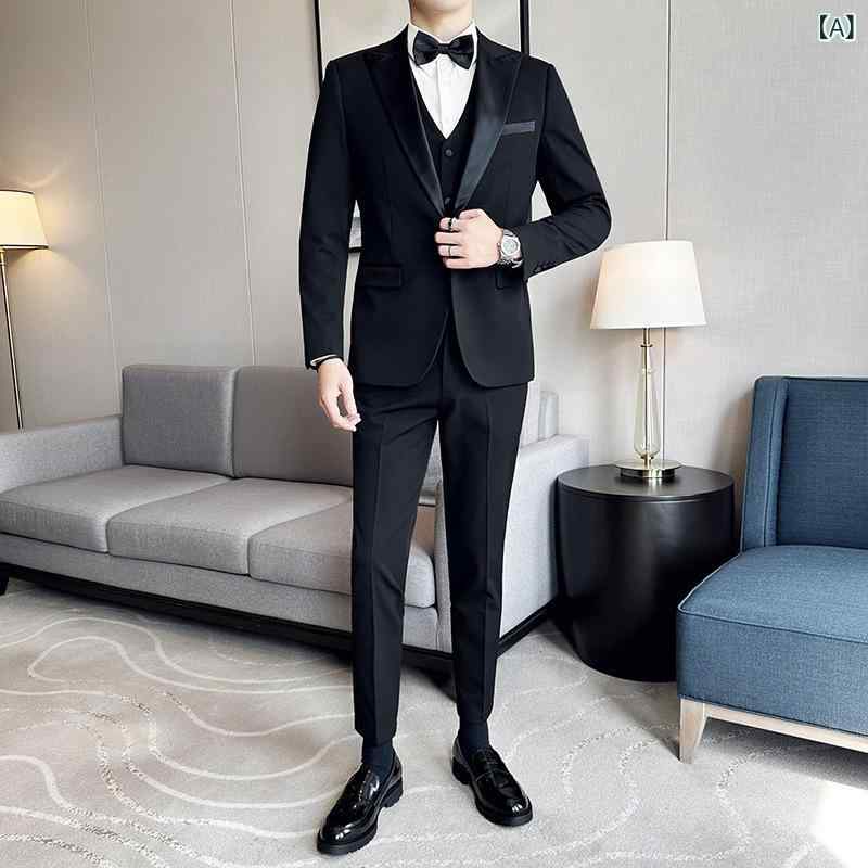 スーツ メンズ 大きいサイズ 男性用 スリーピース セットアップ ブラック 無地 結婚式 新郎 披露宴 パーティー フォーマル 礼服 司会者 スリムフィット 形態安定 防シワ ピークドラペル ポリエステル混紡