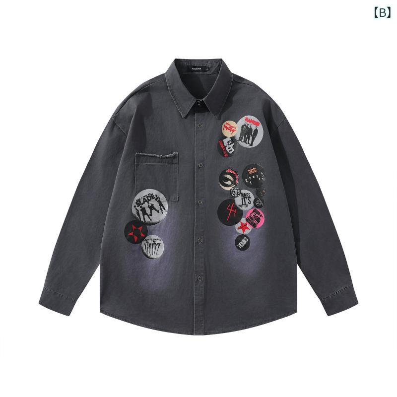 シャツ メンズ 香港風 レトロ ヴィンテージ 個性 ゆったり オーバーサイズ 長袖 英字 アルファベット 綿混 ポリエステル シワになりにくい カジュアル 普段使い 春夏秋